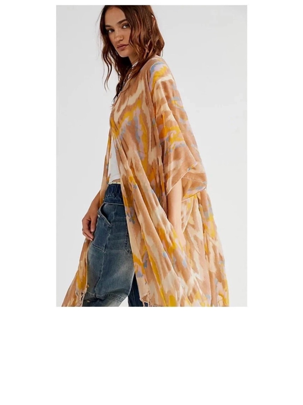Free People Peach Multicolor Open-Front Poncho with Yellow & Blue Accents
